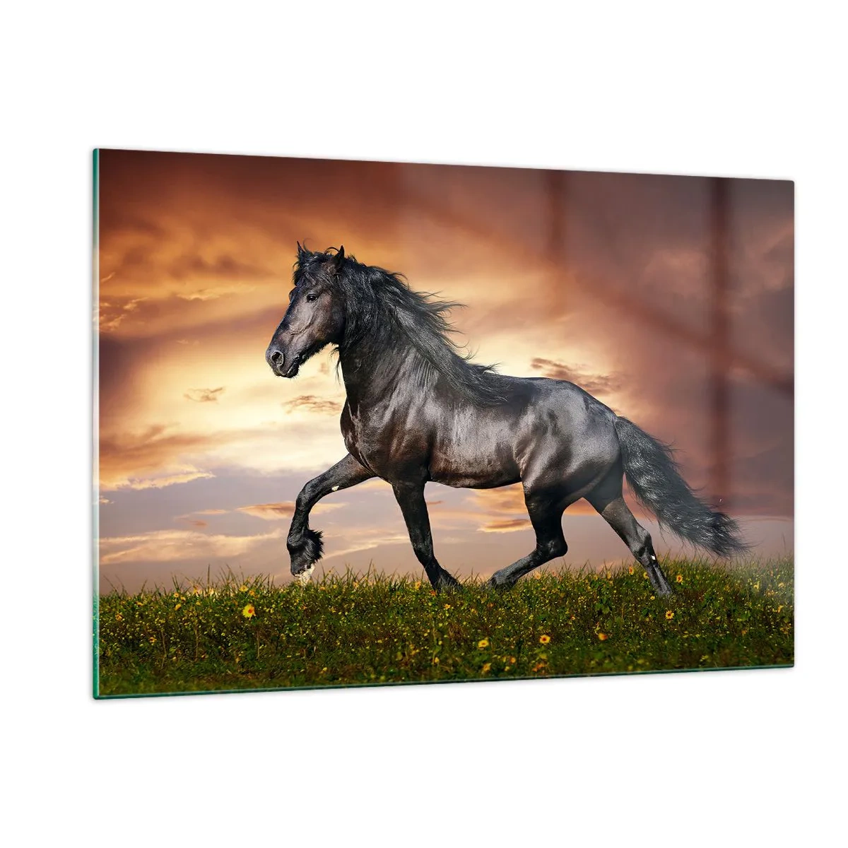 Quadro su vetro - Un cavallo nero che galoppa contro il sole al tramonto - 120x80cm - Il principe nero - Decorazione murale moderna per soggiorno e camera da letto ARTTOR