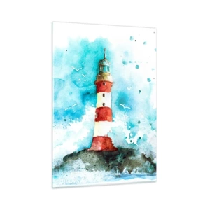 Quadro su vetro - Un faro circondato dalle onde del mare in stile acquerello - 50x70cm - L'unità dei quattro elementi - Decorazione murale moderna per soggiorno e camera da letto ARTTOR
