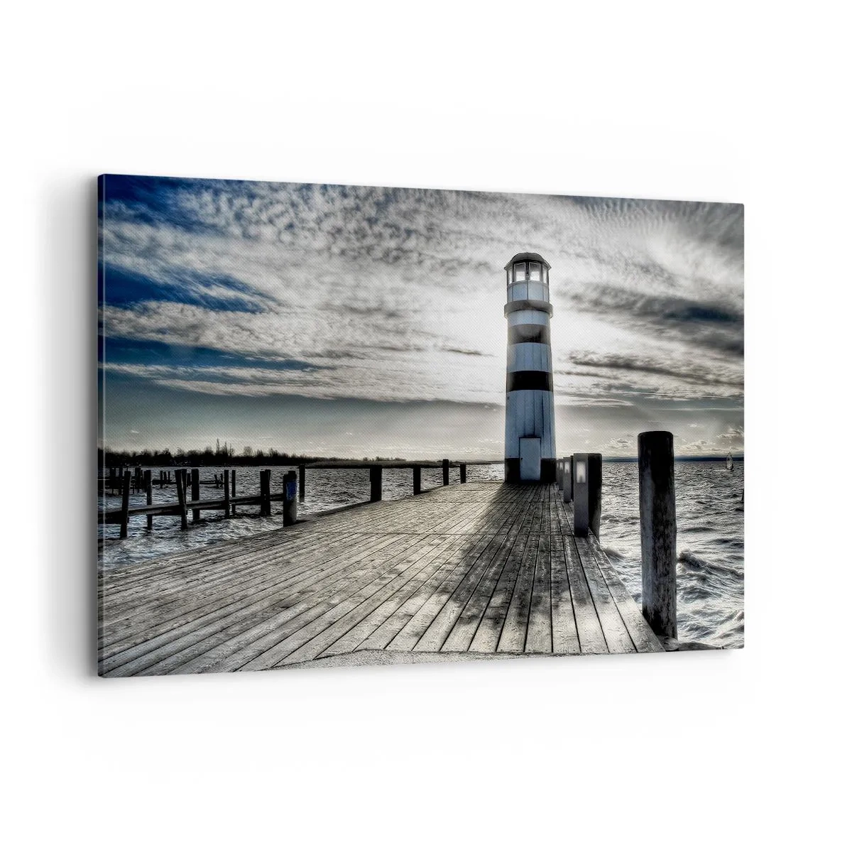 Quadro su tela - Stampe su Tela - Faro su un molo di legno con vista sul mare. - 120x80cm - Marinai, vi aspettiamo - Decorazione murale moderna per soggiorno e camera da letto ARTTOR