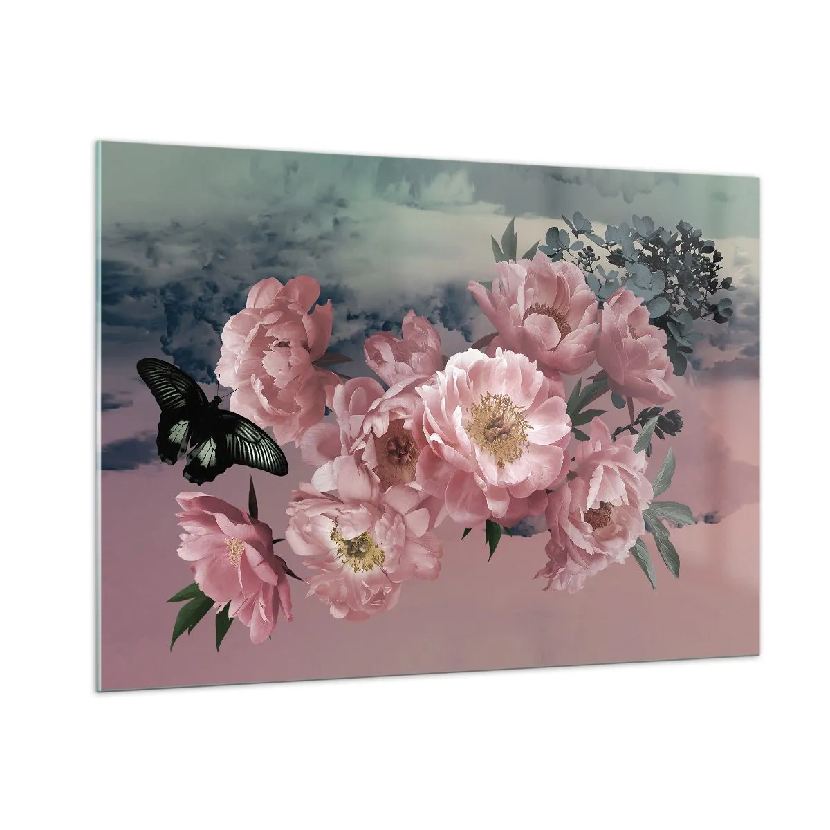 Quadro su vetro - Peonie rosa con una farfalla contro il cielo - 100x70cm - L'apice della romanticità - Decorazione murale moderna per soggiorno e camera da letto ARTTOR