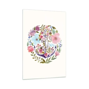 Quadro su vetro - Un'ancora circondata da fiori acquerellati su uno sfondo chiaro - 70x100cm - Il bel sogno del marinaio - Decorazione murale moderna per soggiorno e camera da letto ARTTOR