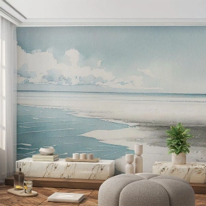 Fotomurali Standard Eco - Mare blu e spiaggia bianca in una composizione ad acquerello - 100x70cm - Marea dolce - Decorazione murale moderna per soggiorno e camera da letto ARTTOR