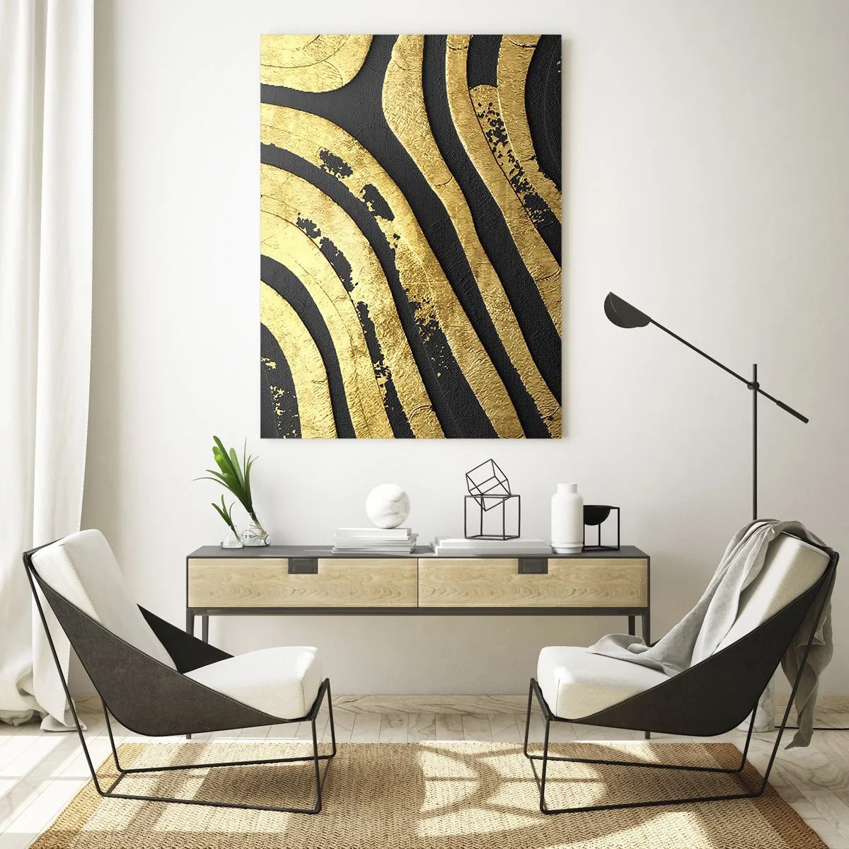 Quadro su vetro - Linee astratte dorate su sfondo nero in uno stile glamour - 50x70cm - Tutto scorre - Decorazione murale moderna per soggiorno e camera da letto ARTTOR