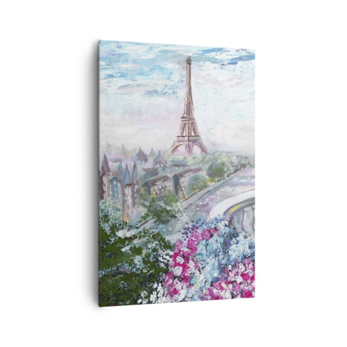 Quadro su tela - Stampe su Tela - Una vista romantica di Parigi con la Torre Eiffel e un balcone pieno di fiori - 80x120cm - Bellissimo qui a maggio - Decorazione murale moderna per soggiorno e camera da letto ARTTOR