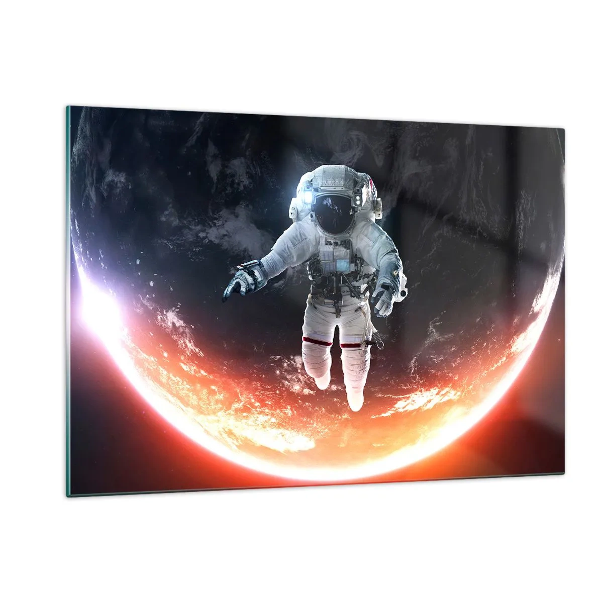 Quadro su vetro - Astronauta nello spazio con un pianeta sullo sfondo - 120x80cm - Posso restare ancora un po'? - Decorazione murale moderna per soggiorno e camera da letto ARTTOR