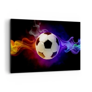 Quadro su tela - Stampe su Tela - Un pallone da calcio circondato da effetti di fumo colorati su uno sfondo scuro. - 120x80cm - La forza magica del gioco - Decorazione murale moderna per soggiorno e camera da letto ARTTOR