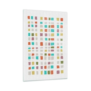Quadro su vetro - Quadrati colorati in una disposizione minimalista su uno sfondo bianco - 80x120cm - Un gioco sconosciuto - Decorazione murale moderna per soggiorno e camera da letto ARTTOR