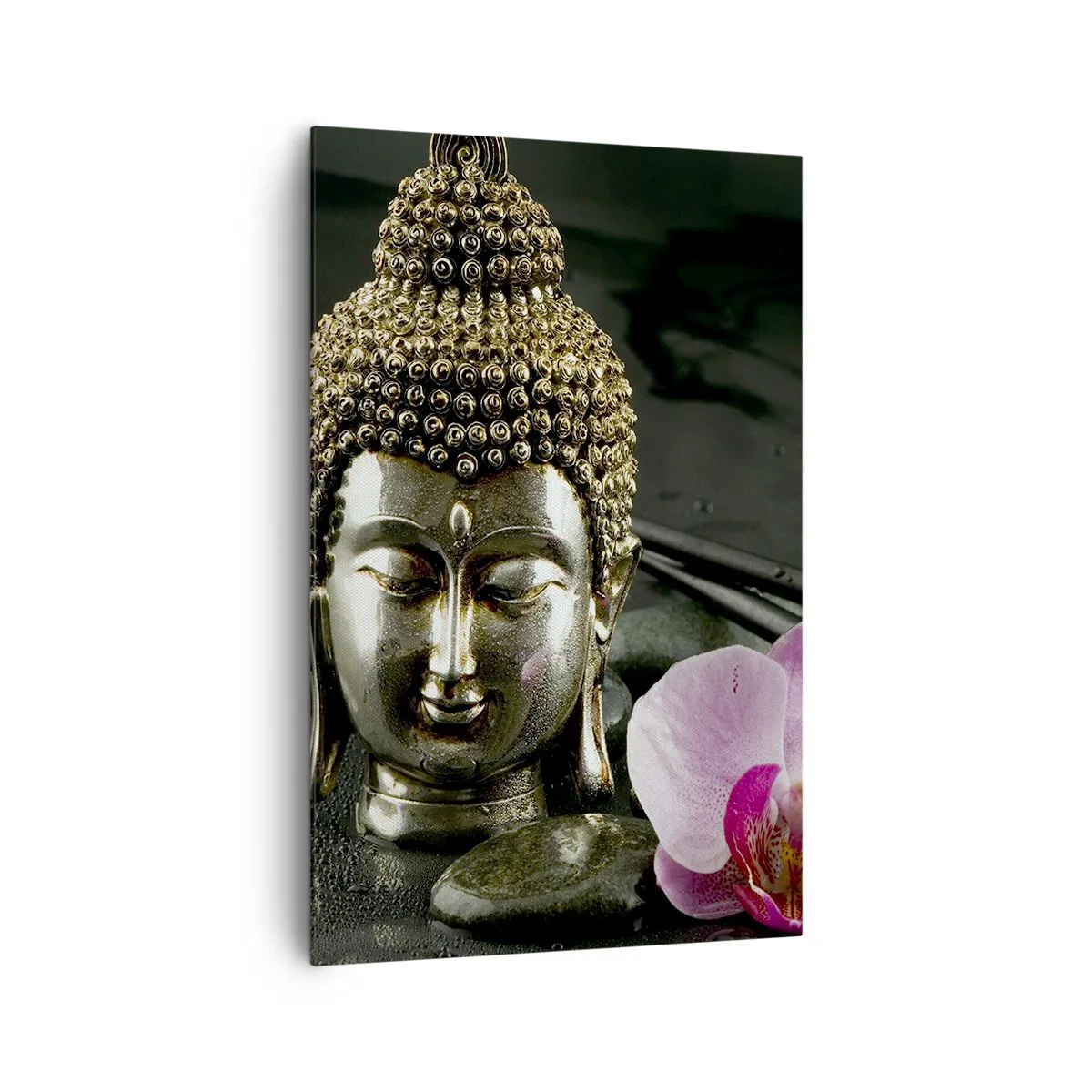 Quadro su tela - Stampe su Tela - Una statuetta di Buddha con un'orchidea e delle bacchette su uno sfondo di pietre - 80x120cm - Armonia di saggezza e bellezza - Decorazione murale moderna per soggiorno e camera da letto ARTTOR
