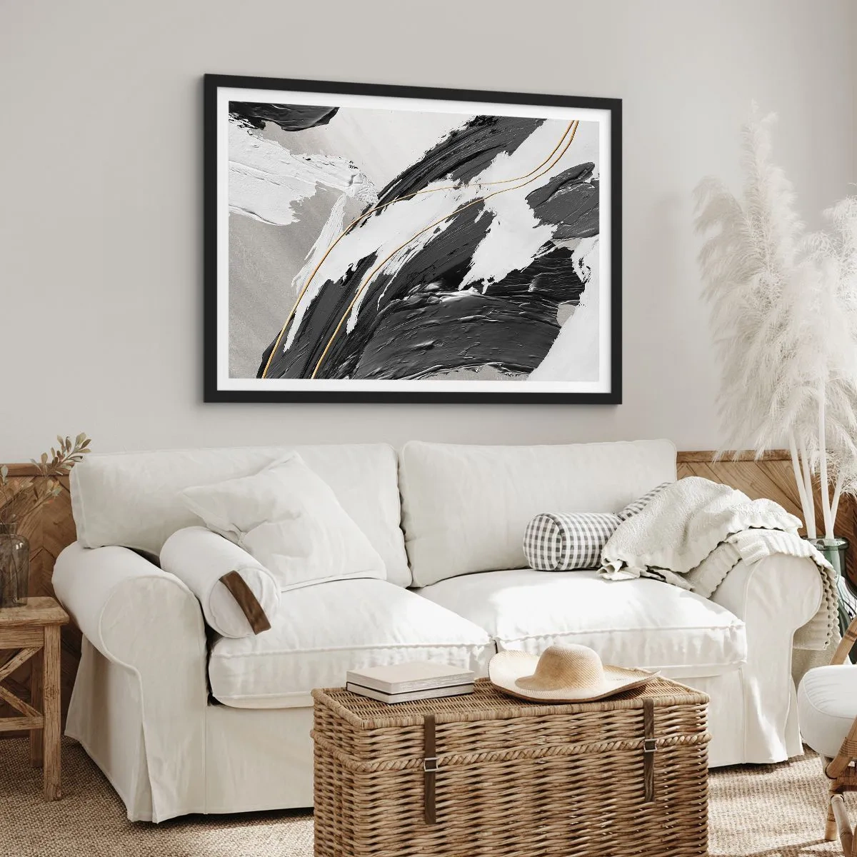 Poster in cornice nera - Pennellate di vernice bianca e nera con un sottile accento dorato - 100x70cm - Astrazione con sfarzo - Decorazione murale moderna per soggiorno e camera da letto ARTTOR