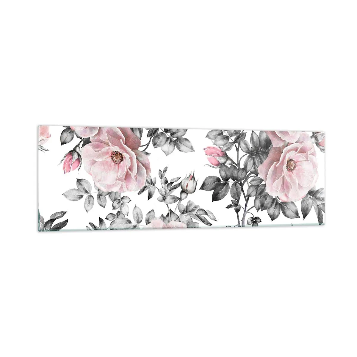 Quadro su vetro - Rose rosa e foglie su un delicato sfondo bianco e nero - 160x50cm - Perdersi tra le rose - Decorazione murale moderna per soggiorno e camera da letto ARTTOR