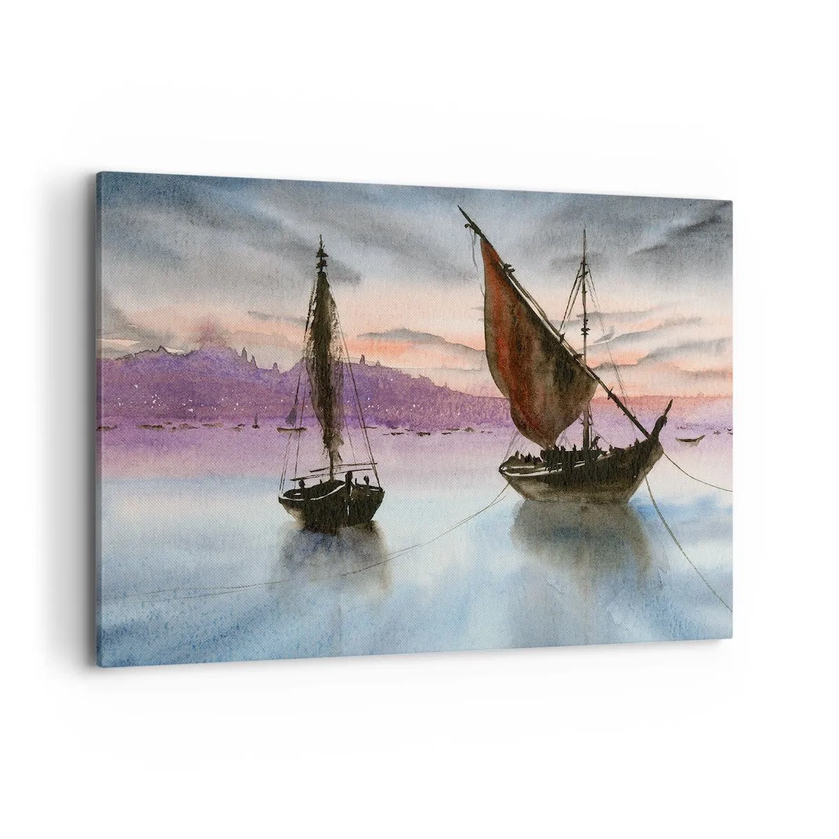 Quadro su tela - Stampe su Tela - Due velieri ormeggiati in acque calme al tramonto - 100x70cm - La sera nel porto - Decorazione murale moderna per soggiorno e camera da letto ARTTOR