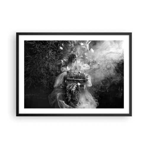 Poster in cornice nera - Una composizione in bianco e nero con una figura vestita e una gabbia nella nebbia. - 70x50cm - Madre natura stessa - Decorazione murale moderna per soggiorno e camera da letto ARTTOR