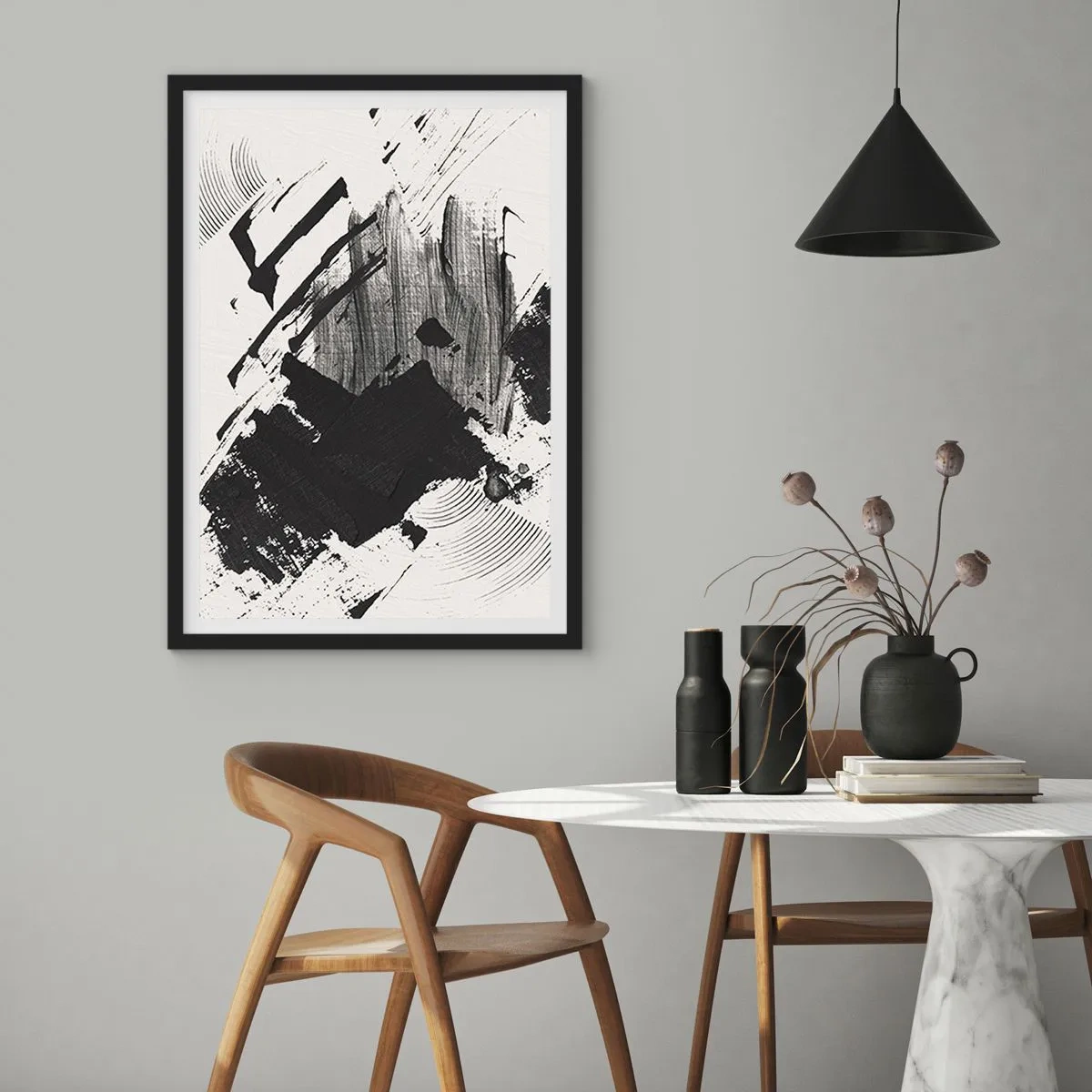 Poster in cornice nera - Pennellate astratte in bianco e nero - 50x70cm - Astrazione: espressione di nero - Decorazione murale moderna per soggiorno e camera da letto ARTTOR