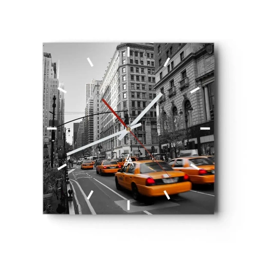 Orologio da parete - Orologio in Vetro - Taxi gialli per le strade di New York - 30x30cm - Il sole della grande città - Decorazione murale moderna per soggiorno e camera da letto ARTTOR