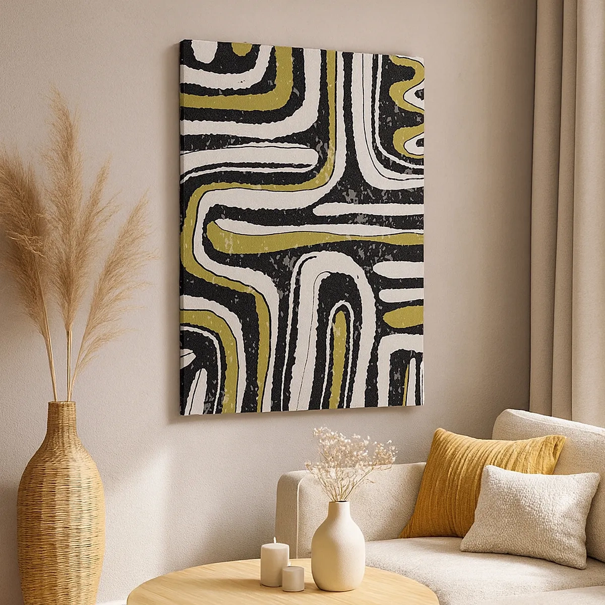 Quadro su tela - Stampe su Tela - Motivo astratto in nero, bianco e oro - 50x70cm - Composizione: strade e vicoli - Decorazione murale moderna per soggiorno e camera da letto ARTTOR