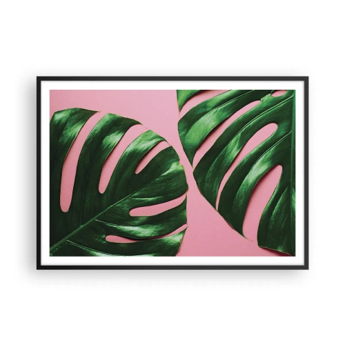 Poster in cornice nera - Foglie di monstera verdi su sfondo rosa - 100x70cm - Appuntamento in verde - Decorazione murale moderna per soggiorno e camera da letto ARTTOR