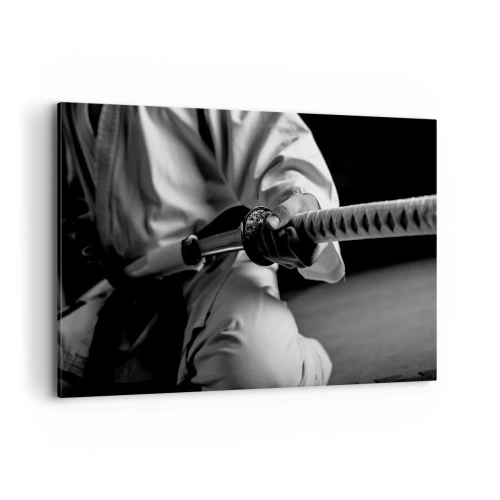 Quadro su tela - Stampe su Tela - Un samurai in kimono che impugna una katana in bianco e nero. - 100x70cm - L'anima del guerriero - Decorazione murale moderna per soggiorno e camera da letto ARTTOR