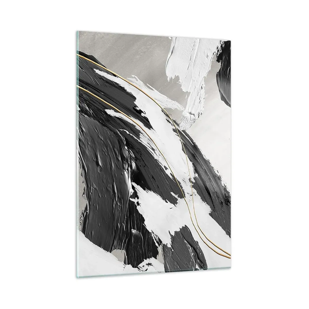 Quadro su vetro - Pennellate dinamiche di bianco e nero con un accento dorato - 50x70cm - Astrazione con sfarzo - Decorazione murale moderna per soggiorno e camera da letto ARTTOR