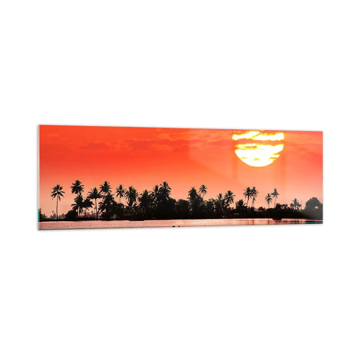 Quadro su vetro - Tramonto tropicale con una barca e palme sullo sfondo - 160x50cm - La calma dei tropici al tramonto - Decorazione murale moderna per soggiorno e camera da letto ARTTOR