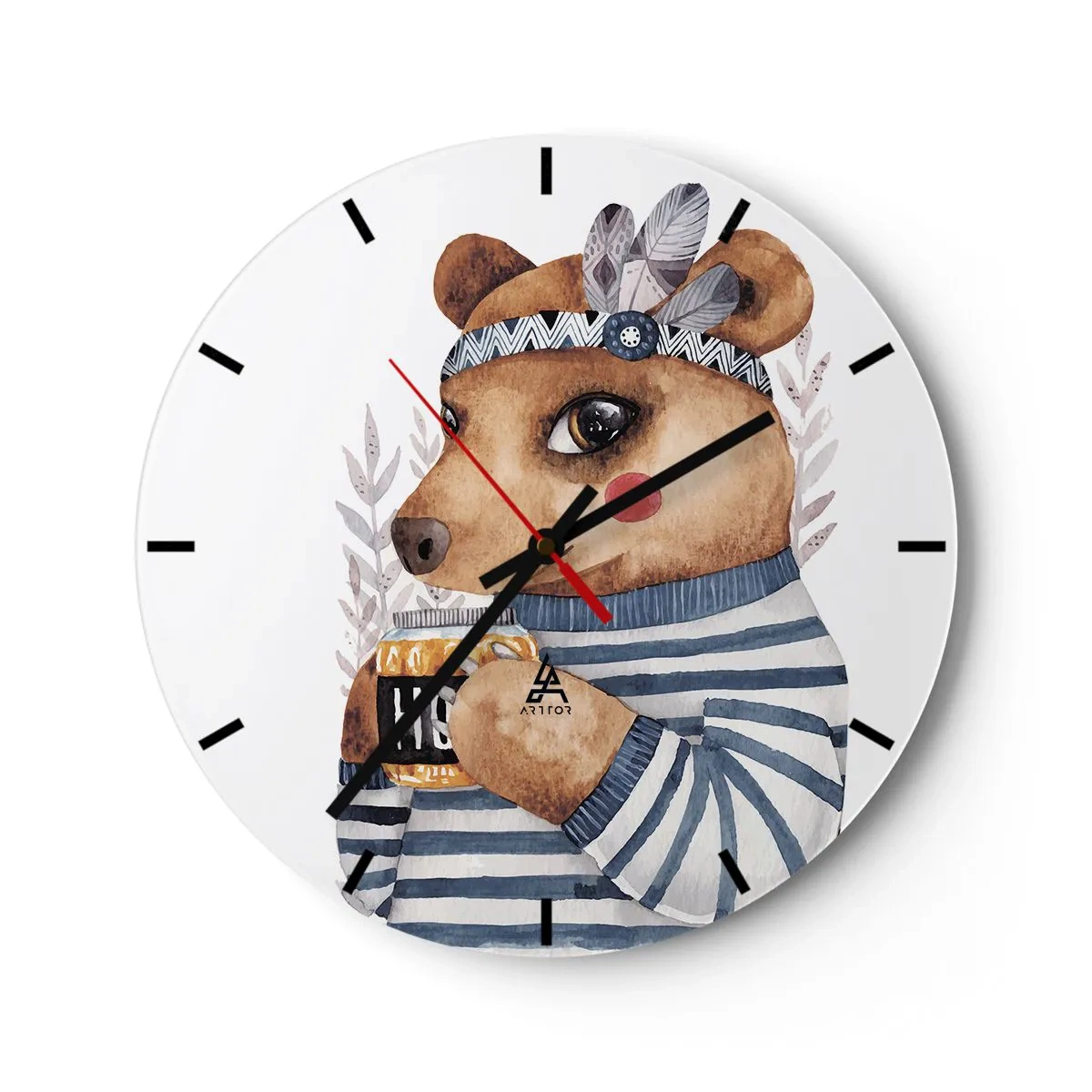 Orologio da parete - Orologio in Vetro - Un orsacchiotto con una maglietta a righe con una tazza di tè - 30x30cm - Dolce orsetto - Decorazione murale moderna per soggiorno, cucina e camera da letto ARTTOR