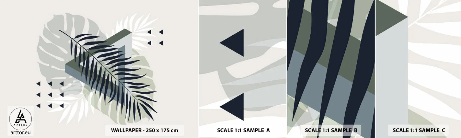 Campione di Fotomurale Adesivo Deluxe Sticker - Natura e geometria: due ordini? - Foglia di Monstera, Foglia di palma, Grafica - 100x30 cm