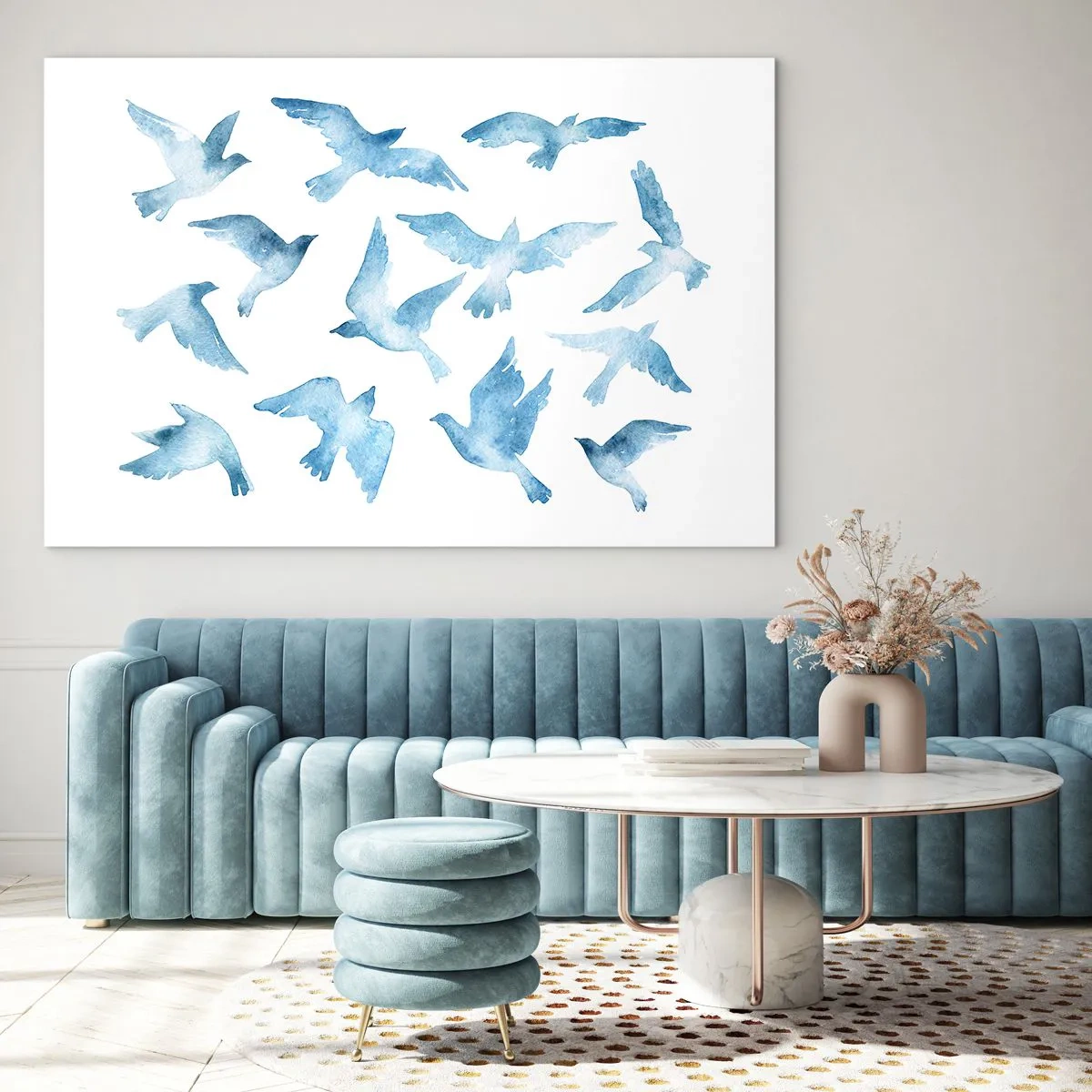 Quadro su vetro - Illustrazione di uccelli blu su sfondo bianco - 70x50cm - Uccelli del cielo - Decorazione murale moderna per soggiorno e camera da letto ARTTOR