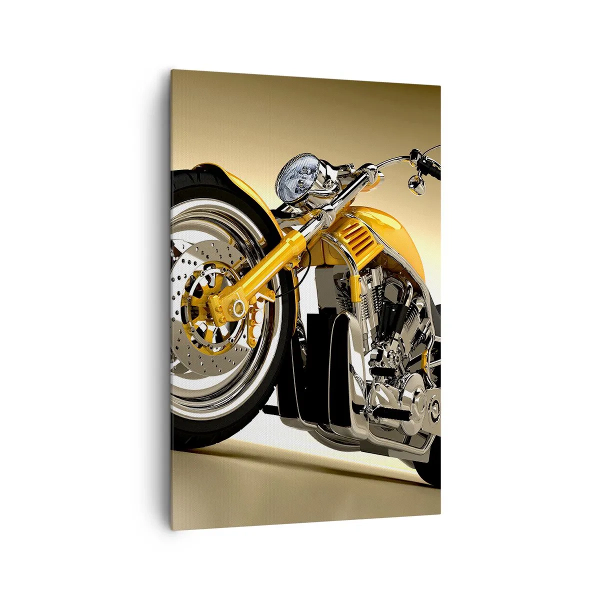 Quadro su tela - Stampe su Tela - Una motocicletta gialla in stile chopper contro un muro beige - 80x120cm - Sogno di forza e di velocità - Decorazione murale moderna per soggiorno e camera da letto ARTTOR