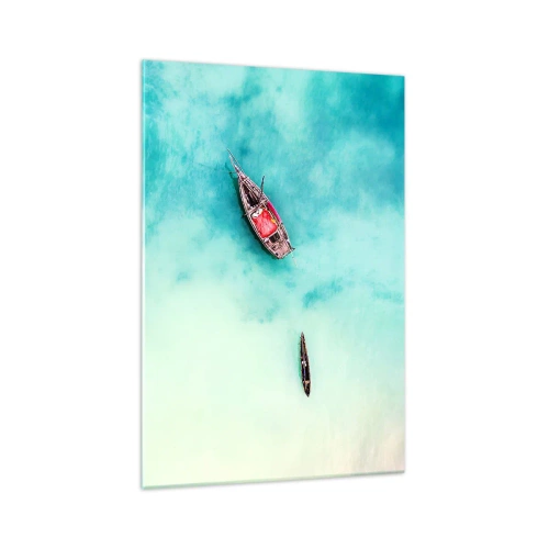 Quadro su vetro - Barche sull'acqua turchese viste da una prospettiva a volo d'uccello - 70x100cm - Nelle spiagge di Zanzibar, quando c'è troppa acqua... - Decorazione murale moderna per soggiorno e camera da letto ARTTOR