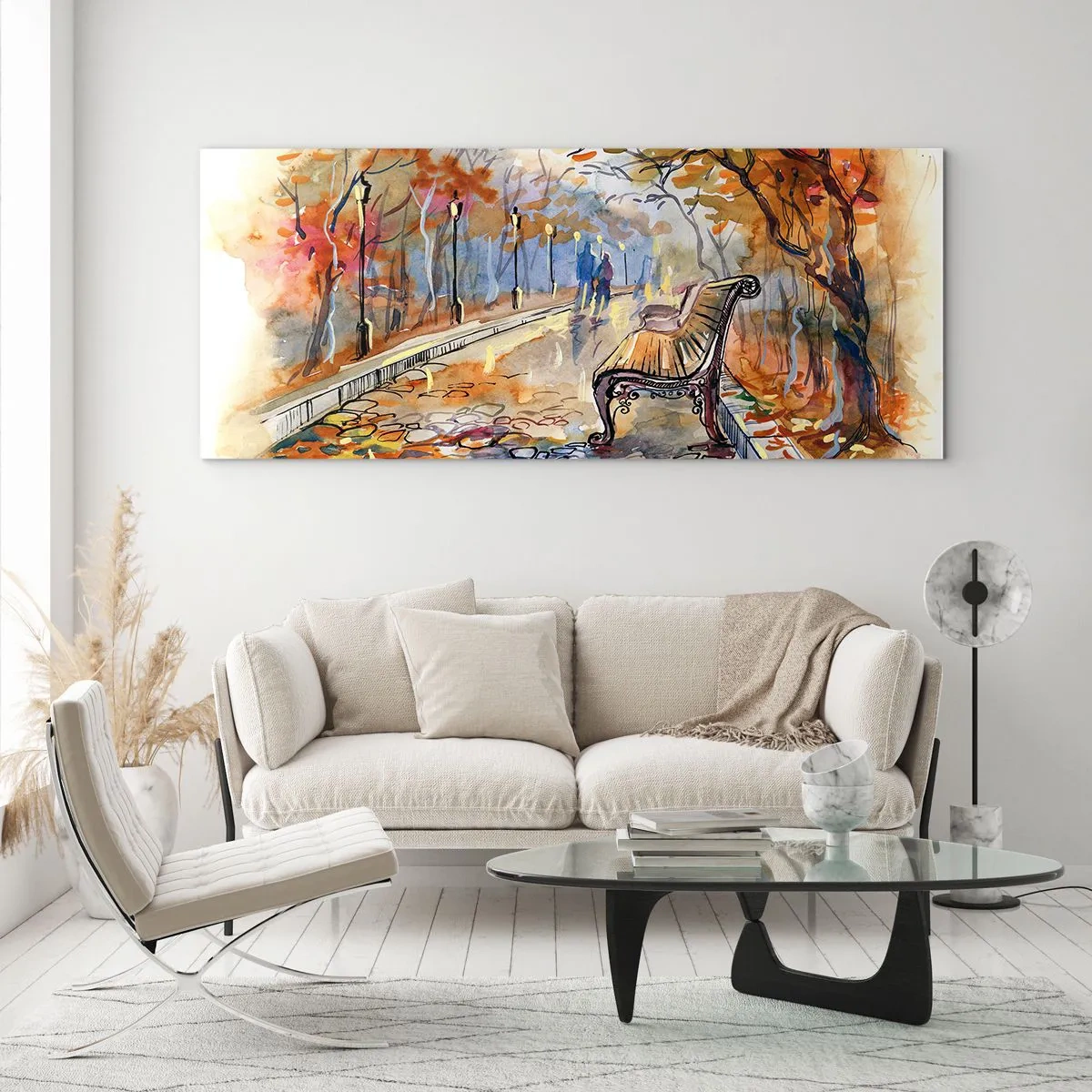 Quadro su vetro - Un parco autunnale con una panchina in acquerello - 140x50cm - Passeggiando insieme l'autunno - Decorazione murale moderna per soggiorno e camera da letto ARTTOR