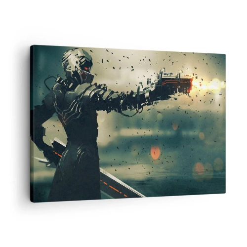 Quadro su tela - Stampe su Tela - Guerriero cibernetico con armi futuristiche - 70x50cm - L'arma assassina: il tuo Terminator - Decorazione murale moderna per soggiorno e camera da letto ARTTOR