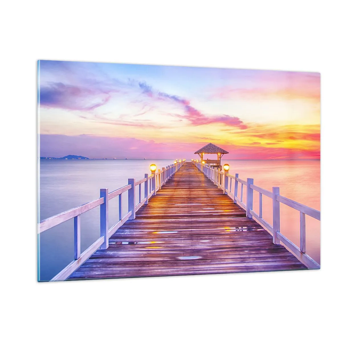 Quadro su vetro - Molo di legno al tramonto su un mare calmo - 120x80cm - Silenzio della sera in lilla e oro - Decorazione murale moderna per soggiorno e camera da letto ARTTOR