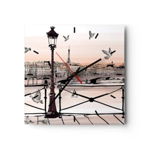 Orologio da parete - Orologio in Vetro - Veduta parigina con lanterna e ponte - 30x30cm - Sui tetti di Parigi - Decorazione murale moderna per soggiorno e camera da letto ARTTOR