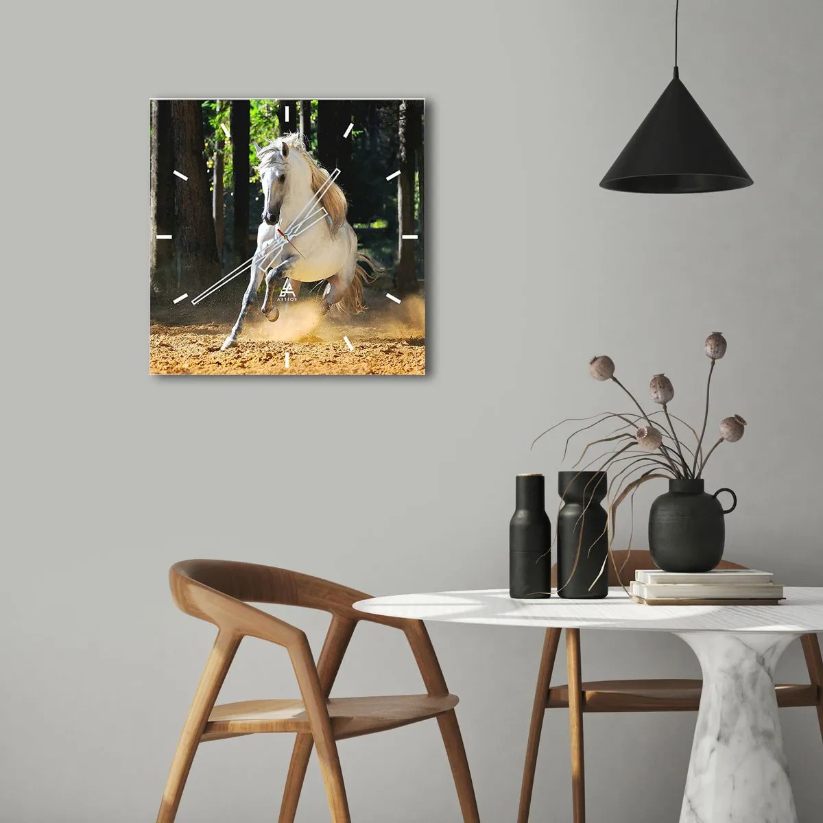 Orologio da parete - Orologio in Vetro - Un cavallo bianco che galoppa attraverso una radura nella foresta - 30x30cm - Come nei racconti fantasy - Decorazione murale moderna per soggiorno e camera da letto ARTTOR