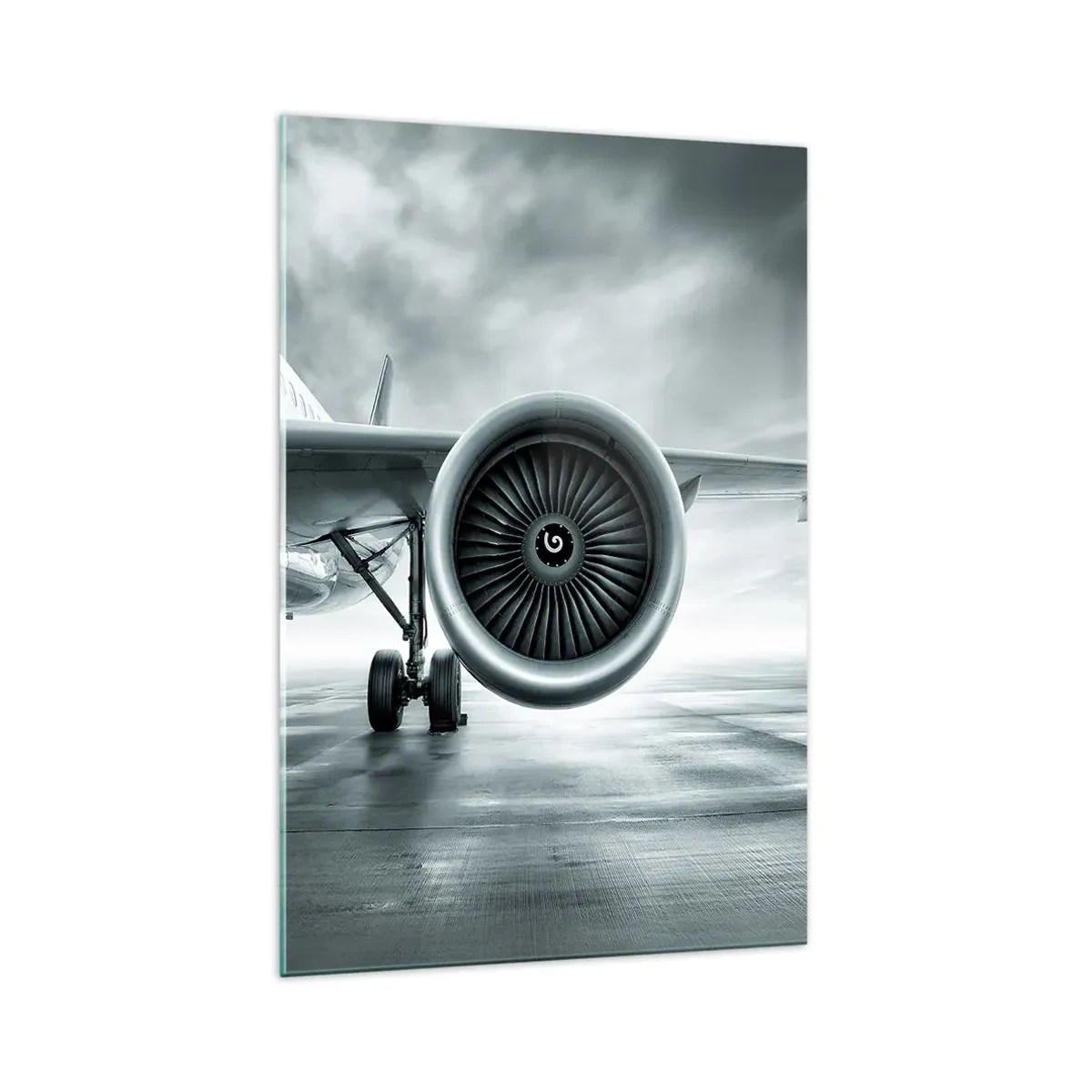 Quadro su vetro - Il motore a reazione di un aereo sulla pista - 70x100cm - C'è la forza! - Decorazione murale moderna per soggiorno e camera da letto ARTTOR