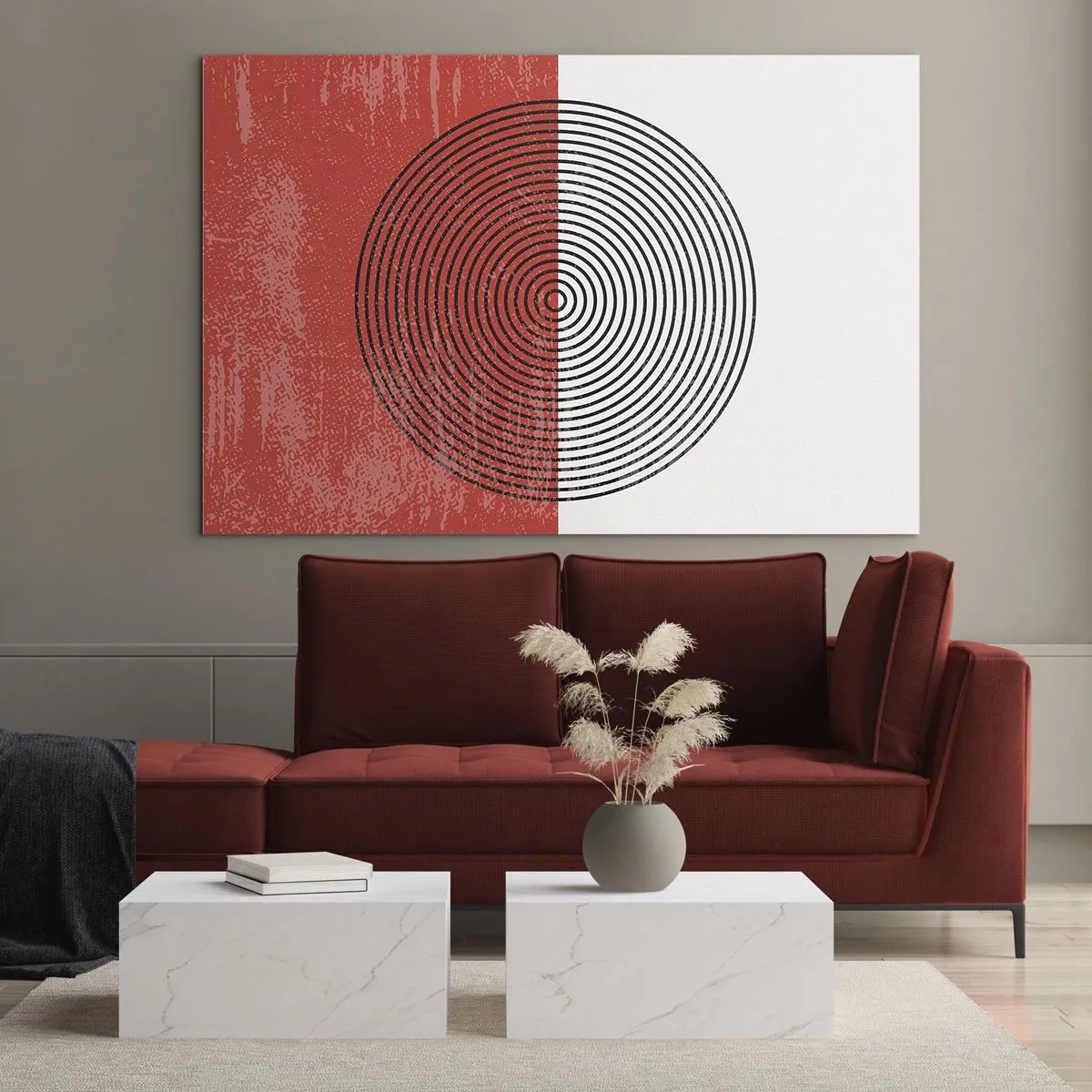 Quadro su vetro - Motivo geometrico con un cerchio su sfondo rosso e bianco - 120x80cm - Dritto al centro - Decorazione murale moderna per soggiorno e camera da letto ARTTOR