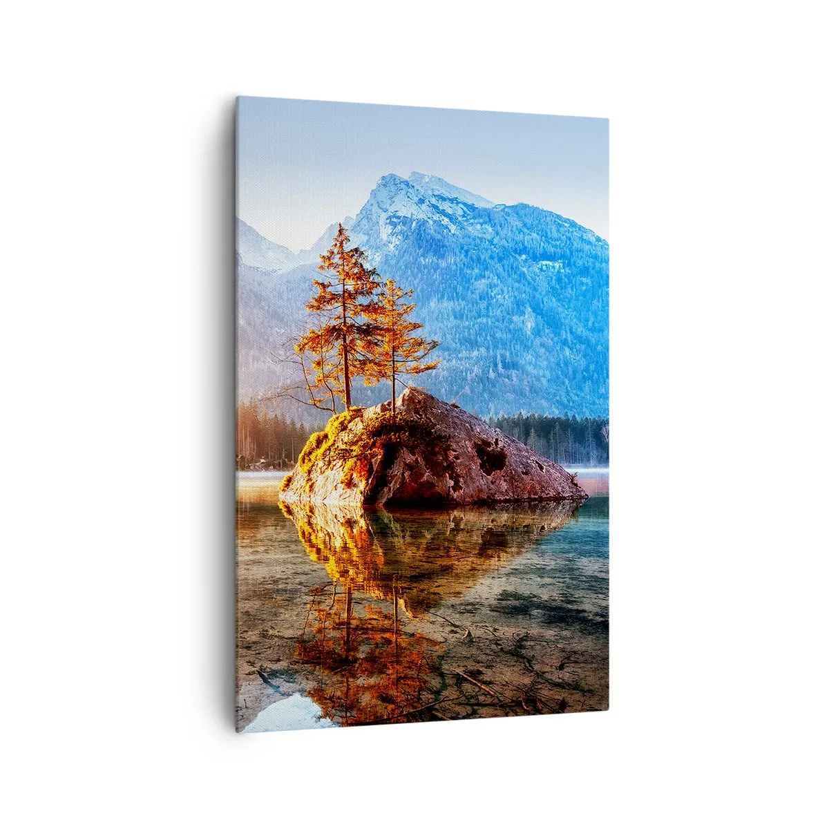 Quadro su tela - Stampe su Tela - Un lago con isole e montagne sullo sfondo all'alba - 80x120cm - La natura in una nuova luce - Decorazione murale moderna per soggiorno e camera da letto ARTTOR