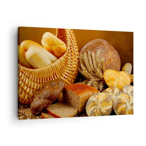 Quadro su tela - Stampe su Tela - Vari tipi di pane in un cestino di vimini su fondo oro - 70x50cm - Direttamente dal forno - Decorazione murale moderna per soggiorno e camera da letto ARTTOR