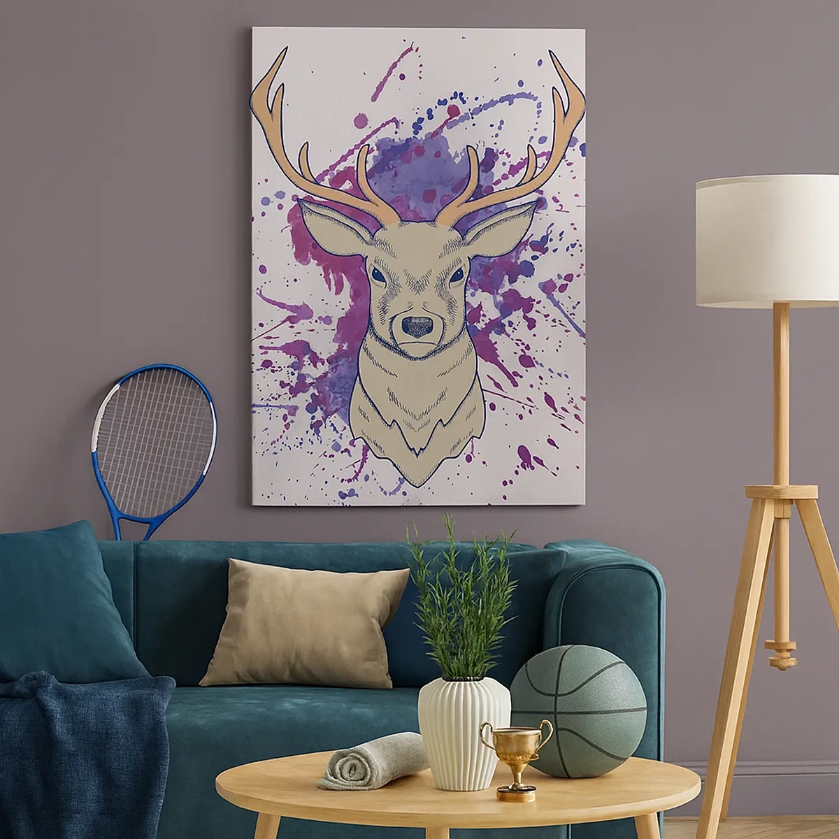 Quadro su tela - Stampe su Tela - Ritratto di un cervo con macchie astratte sullo sfondo - 50x70cm - Coraggio ed equilibrio - Decorazione murale moderna per soggiorno e camera da letto ARTTOR