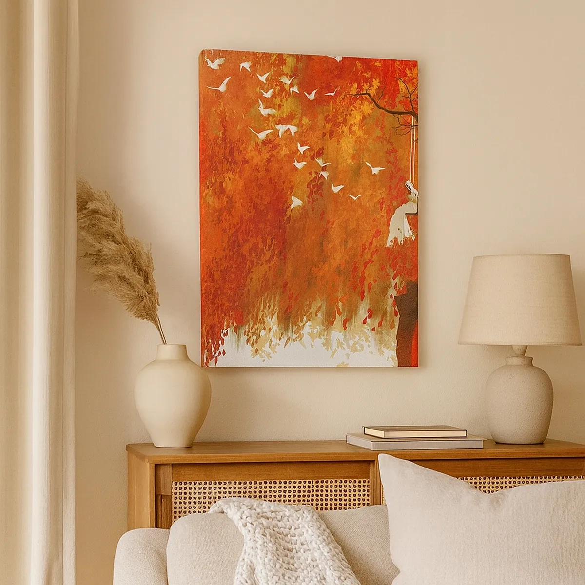 Quadro su tela - Stampe su Tela - Una figura su un'altalena vicino a un albero circondata da foglie rosse - 50x70cm - Voli con noi? - Decorazione murale moderna per soggiorno e camera da letto ARTTOR
