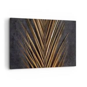 Quadro su tela - Stampe su Tela - Foglia tropicale dorata su sfondo nero - 120x80cm - L'oro dei tropici - Decorazione murale moderna per soggiorno e camera da letto ARTTOR