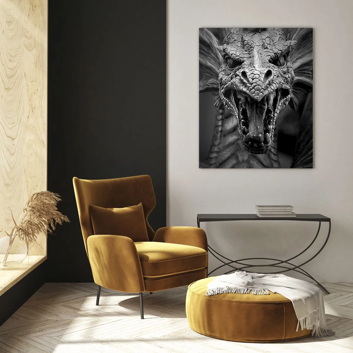 Quadro su vetro - Una minacciosa testa di drago in bianco e nero con dettagli espressivi. - 70x100cm - Drago favoloso in grigio - Decorazione murale moderna per soggiorno e camera da letto ARTTOR