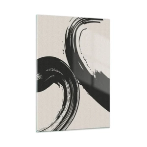Quadro su vetro - Pennellate calligrafiche nere e dinamiche su uno sfondo chiaro. - 50x70cm - Energico e circolare - Decorazione murale moderna per soggiorno e camera da letto ARTTOR