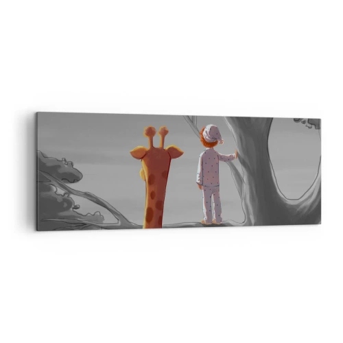 Quadro su tela - Stampe su Tela - Un bambino e una giraffa su un ramo di un albero in un paesaggio da favola - 140x50cm - Sta succedendo davvero - Decorazione murale moderna per soggiorno e camera da letto ARTTOR