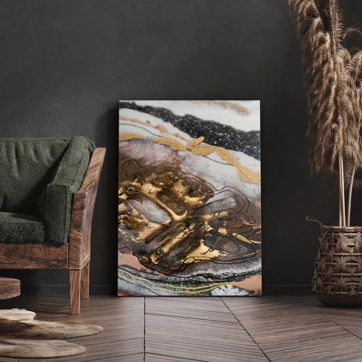 Quadro su tela - Stampe su Tela - Composizione astratta con elementi in oro e cristalli - 50x70cm - L'elemento della terra - Decorazione murale moderna per soggiorno e camera da letto ARTTOR