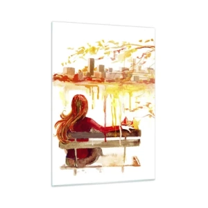 Quadro su vetro - Una figura su una panchina che domina la città in acquerello - 50x70cm - Un momento di riflessione - Decorazione murale moderna per soggiorno e camera da letto ARTTOR