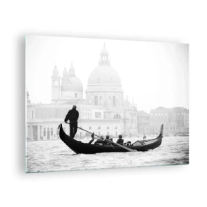 Quadro su vetro - Una gondola bianca e nera sullo sfondo di Venezia - 70x50cm - Viaggio alla fonte della bellezza - Decorazione murale moderna per soggiorno e camera da letto ARTTOR