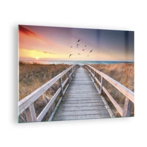 Quadro su vetro - Una passerella di legno sulle dune che conduce alla spiaggia al tramonto - 70x50cm - Spazio per volare - Decorazione murale moderna per soggiorno e camera da letto ARTTOR