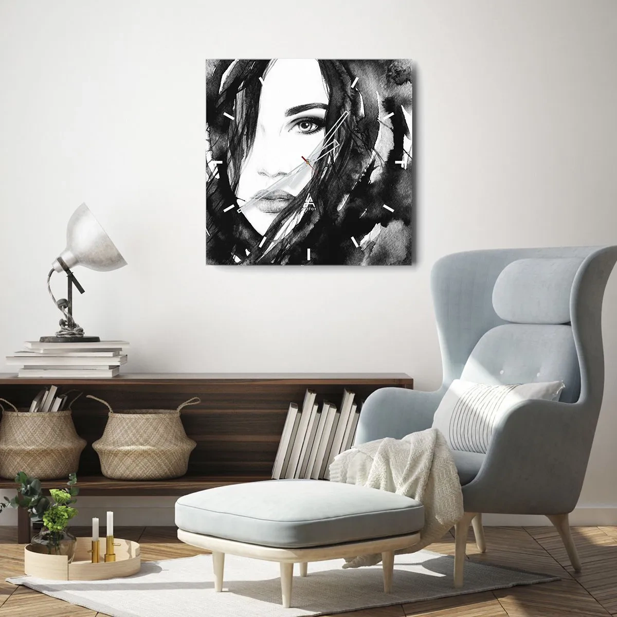 Orologio da parete - Orologio in Vetro - Ritratto di donna in acquerello bianco e nero - 30x30cm - Ritratto di donna in bianco e nero - Decorazione murale moderna per soggiorno e camera da letto ARTTOR
