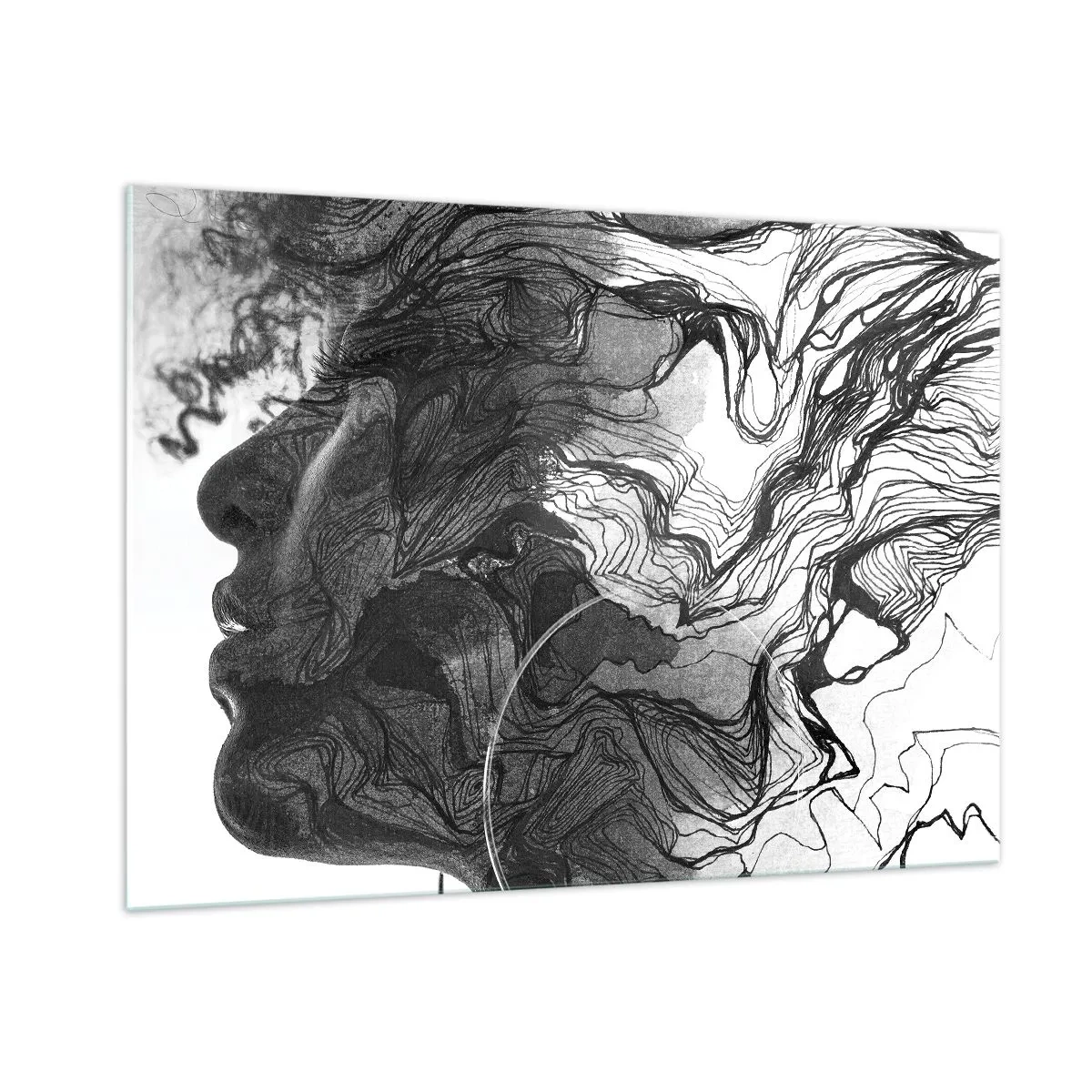Quadro su vetro - Silhouette in bianco e nero di una donna con linee astratte - 100x70cm - Aggrovigliata nei sogni - Decorazione murale moderna per soggiorno e camera da letto ARTTOR