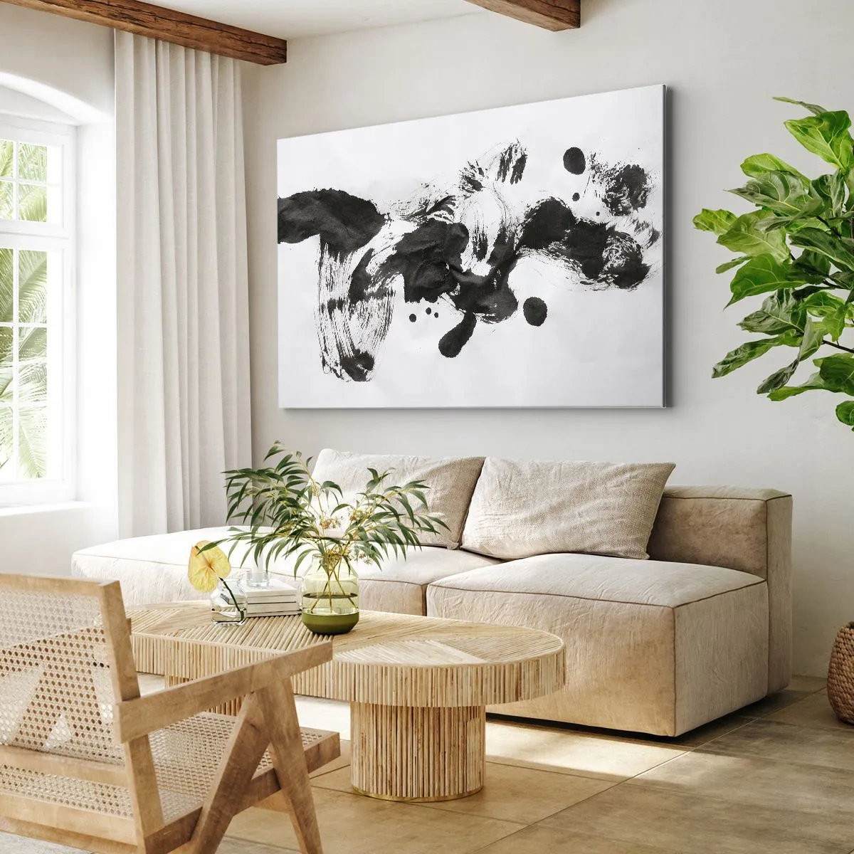 Quadro su tela - Stampe su Tela - Composizione astratta di macchie nere su sfondo bianco - 70x50cm - C'è un senso nella follia? - Decorazione murale moderna per soggiorno e camera da letto ARTTOR